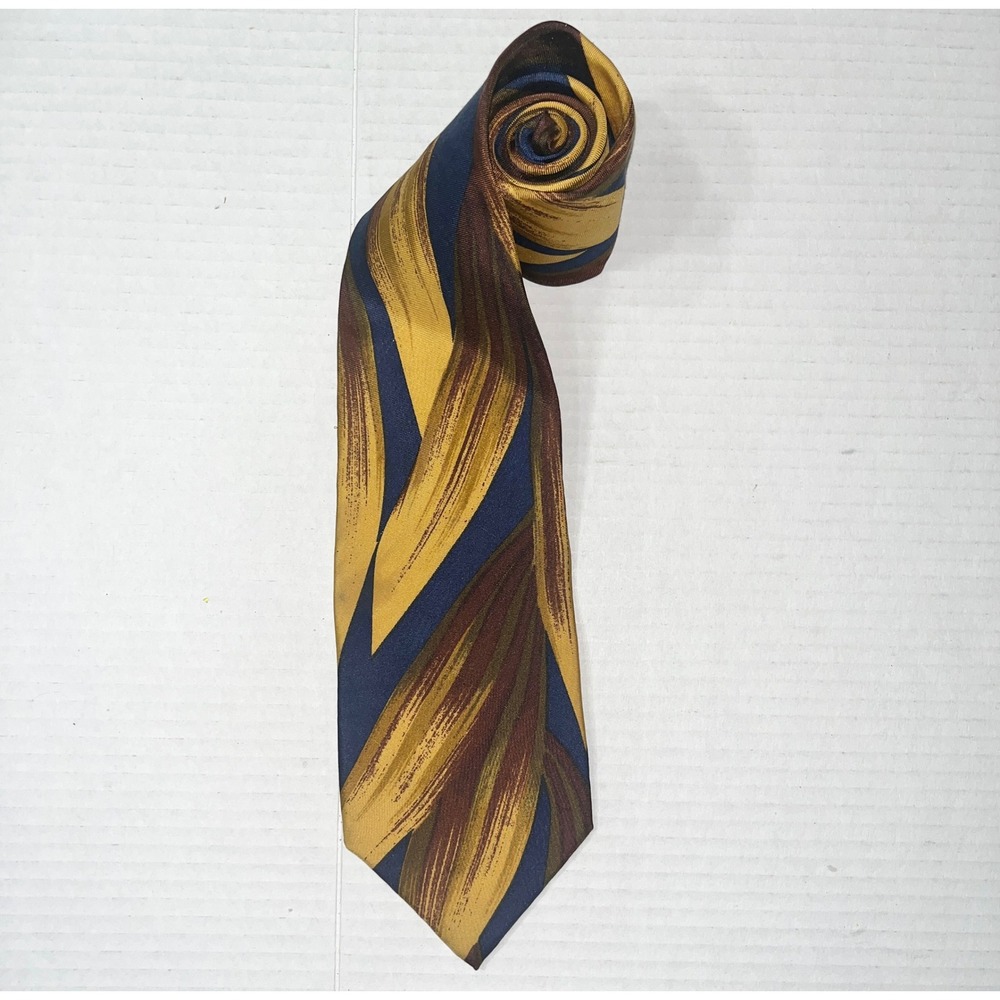 Adolfo Mens Silk Necktie‎ Gold Navy Blue Burgundy Abstract Leaf Pattern USA Made